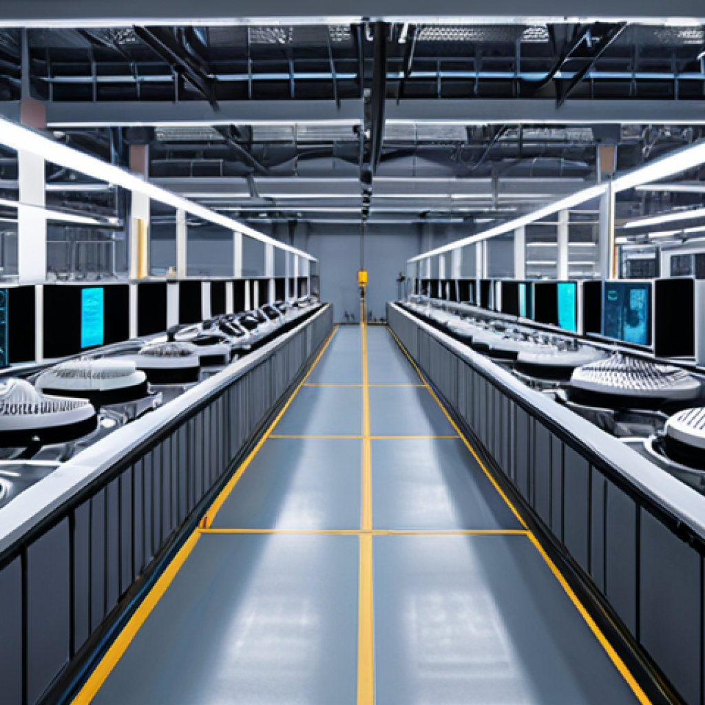 A futuristic, high-tech factory floor operating with extreme quietness. Sleek machinery emits minimal sound, monitored by an array of subtly glowing IoT sensors. Data streams visually connect to a central AI hub, indicating predictive analysis for vibration and noise control. The atmosphere is calm, efficient, and clean, showcasing the industrial revolution of AI and IoT in noise management. High quality, detailed, realistic.