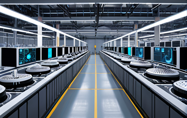 A futuristic, high-tech factory floor operating with extreme quietness. Sleek machinery emits minimal sound, monitored by an array of subtly glowing IoT sensors. Data streams visually connect to a central AI hub, indicating predictive analysis for vibration and noise control. The atmosphere is calm, efficient, and clean, showcasing the industrial revolution of AI and IoT in noise management. High quality, detailed, realistic.