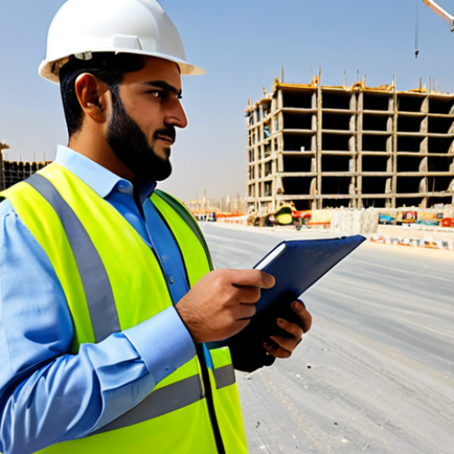 Home 10 **
"A Saudi Arabian engineer, fully clothed in modest professional attire, inspecting a construction site in Riyadh during the day, wearing a hard hat and safety vest, appropriate content, safe for work, perfect anatomy, natural pose, professional."
**