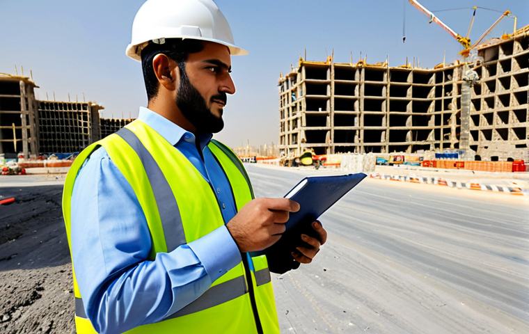**

"A Saudi Arabian engineer, fully clothed in modest professional attire, inspecting a construction site in Riyadh during the day, wearing a hard hat and safety vest, appropriate content, safe for work, perfect anatomy, natural pose, professional."

**
