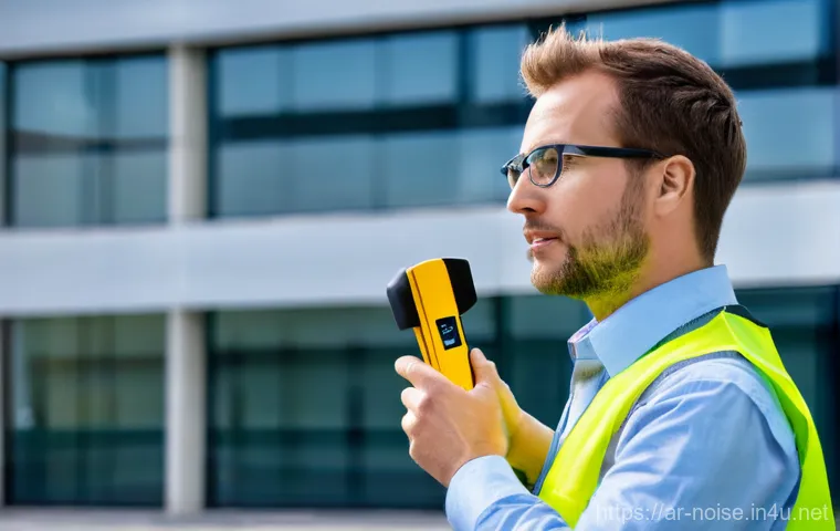 소음진동 자격증 실기 장비 활용법 - A professional male acoustical engineer, appearing to be in his 30s-40s, wearing smart casual work a...