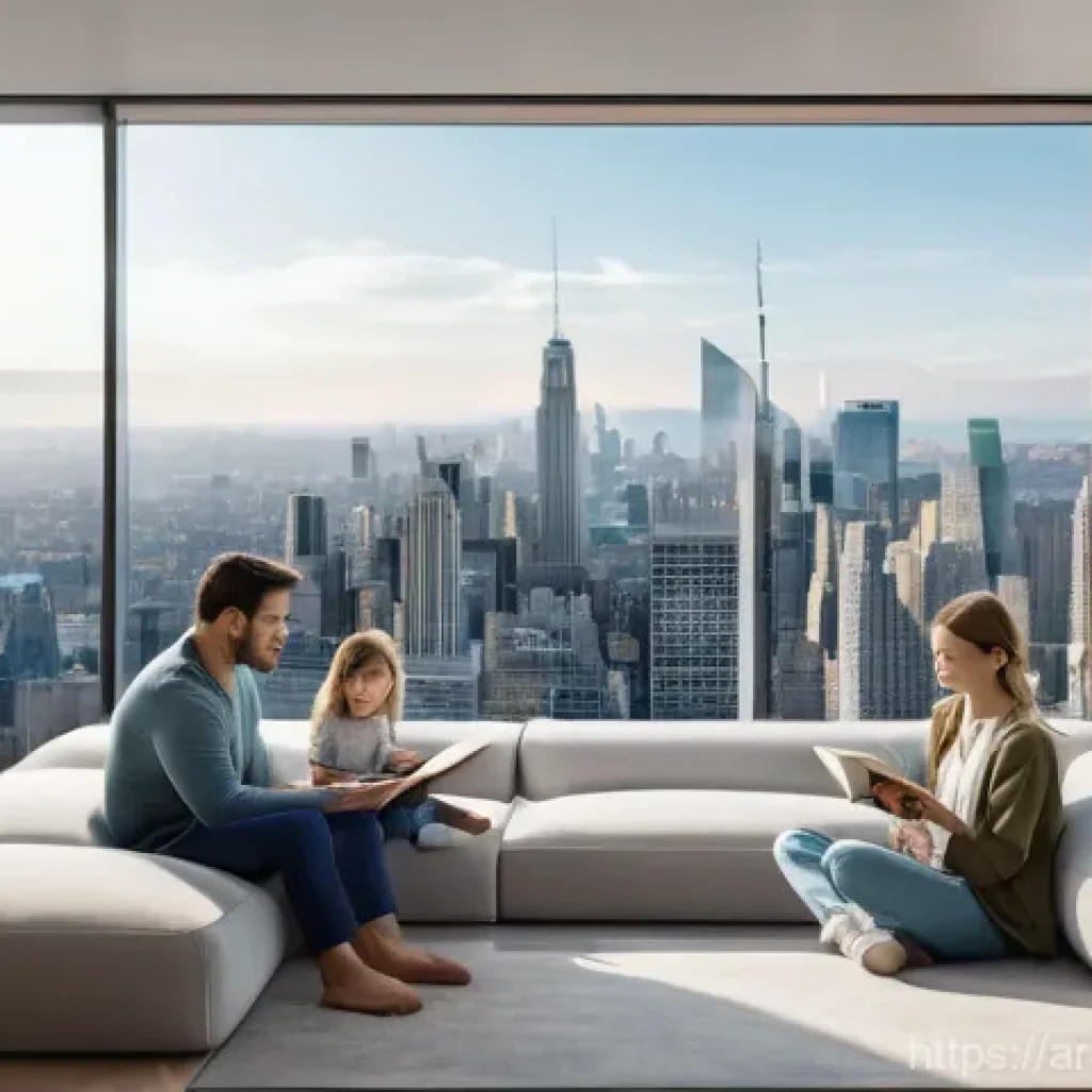 소음진동 데이터 처리 기법 - A serene and advanced smart home living room, bathed in soft, diffused natural light. A young family...