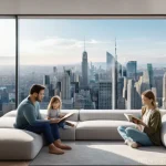 Home 13 소음진동 데이터 처리 기법 - A serene and advanced smart home living room, bathed in soft, diffused natural light. A young family...