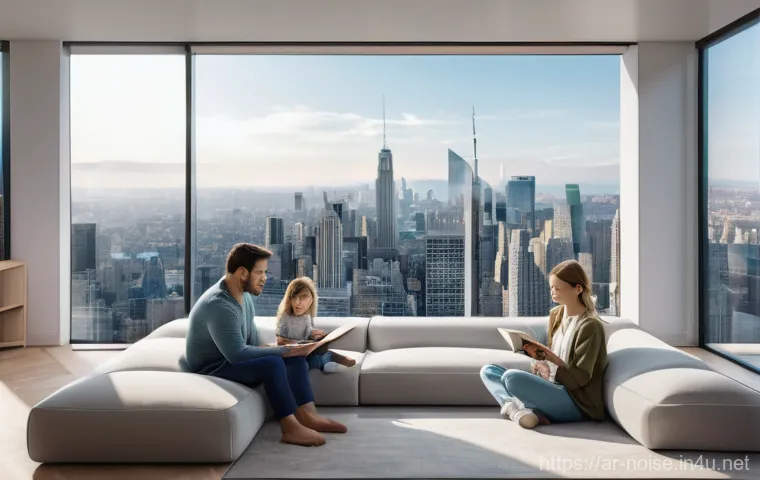 소음진동 데이터 처리 기법 - A serene and advanced smart home living room, bathed in soft, diffused natural light. A young family...