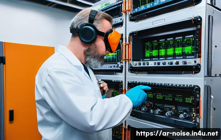 소음진동 실험실 안전 수칙 - **A highly focused, diverse male scientist in a state-of-the-art sound and vibration laboratory.** H...